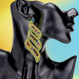 Earrings Pierced, Rhinestone Swish, Oversized Pageant, Statement Flashy, 5" Long